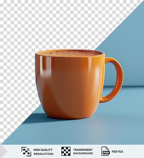 Tasse De Cacao Chaud Sur Une Table Bleue Contre Un Mur Bleu Avec Une Poignée Orange Visible Au Premier Plan