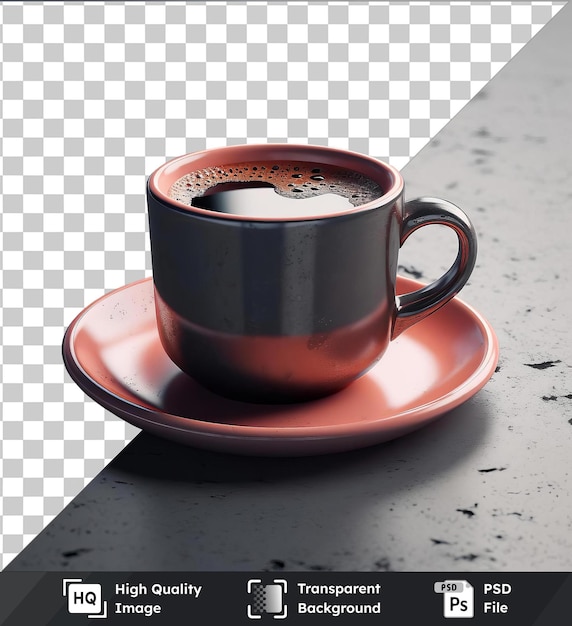 PSD une tasse de café américain de haute qualité, transparente, se trouve sur une assiette orange et rouge sur une table grise avec une ombre noire en arrière-plan.
