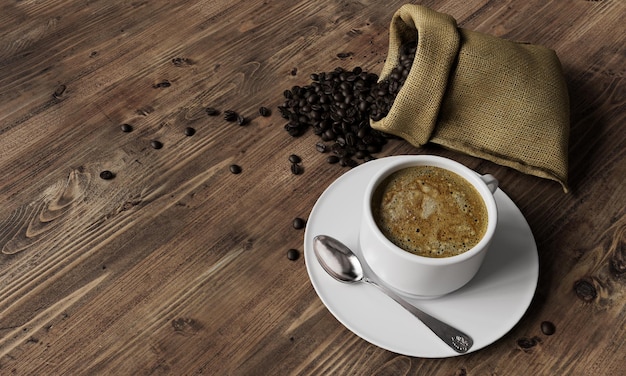 une tasse de café avec une cuiller et une cuillère sur une assiette