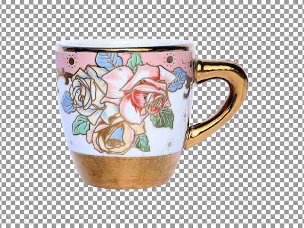 Une tasse de café avec un design rose rose sur fond transparent