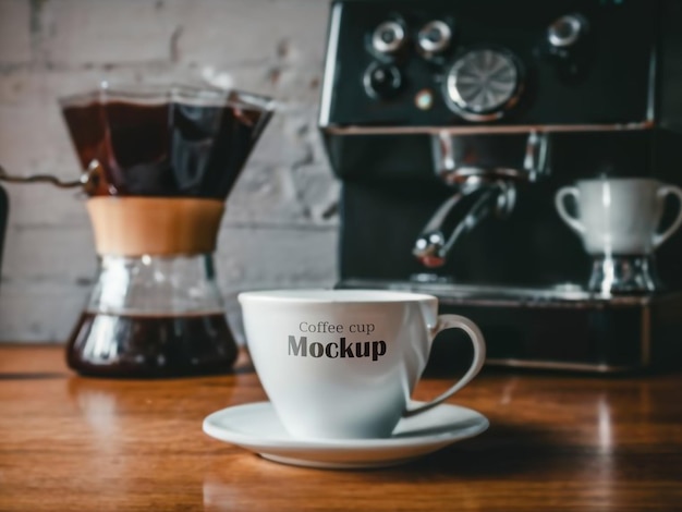Une tasse de café est assise sur une soucoupe avec une cafetière derrière elle.
