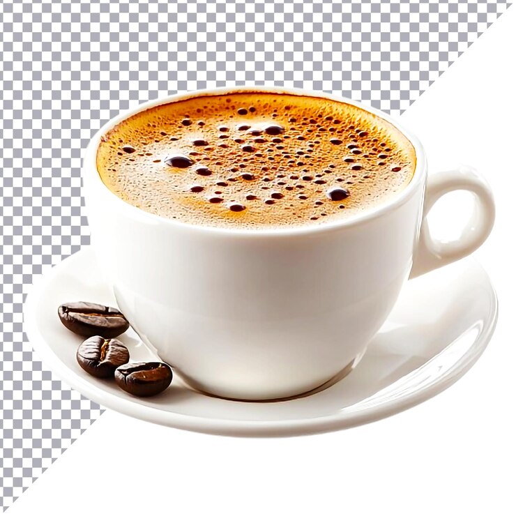 une tasse de café avec des graines sur une soucoupe et une taste de café