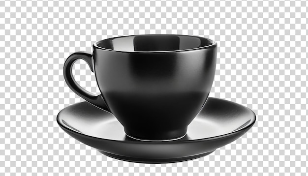 PSD une tasse de café noire vide placée sur une soucoupe isolée sur un fond transparent