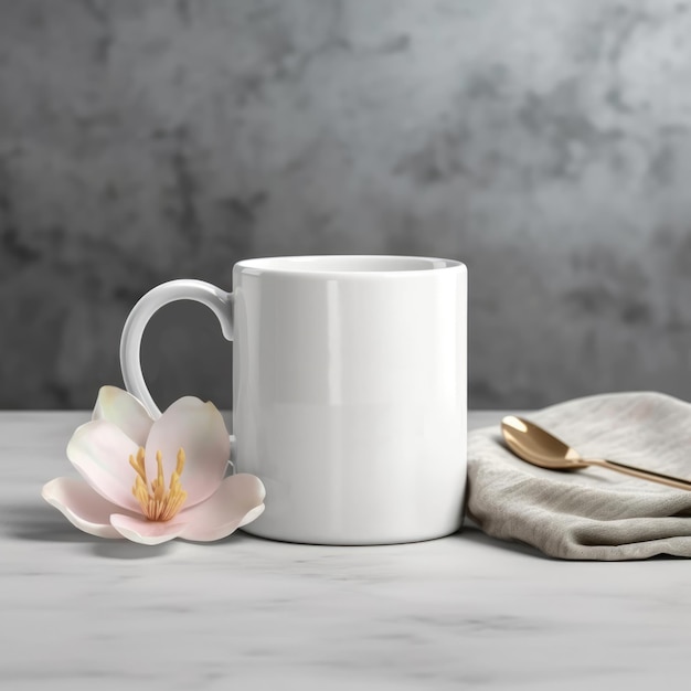 Tasse à Café Une Tasse Blanche Sur Une Table Avec Une Serviette Et Des Fleurs Maquette De Produit Photo De Style