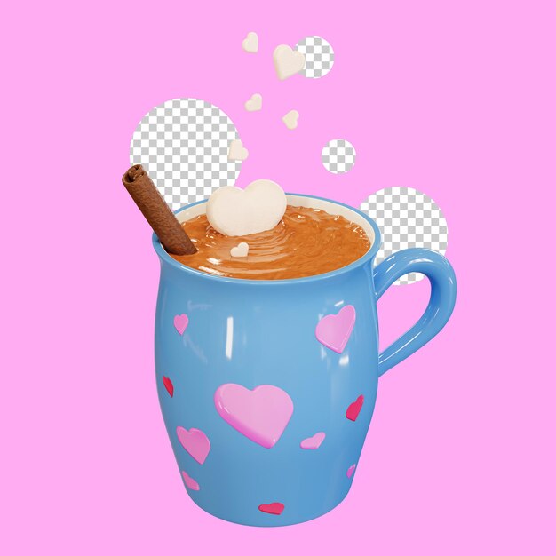 Tasse de chocolat chaud avec des coeurs de guimauve, rendu 3d. Tasse de cappuccino, boisson le jour de la Saint-Valentin