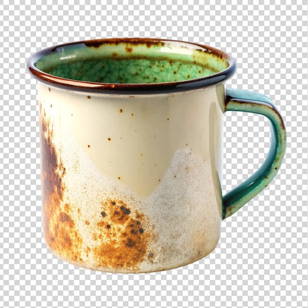 Une tasse émaillée usée isolée sur un fond transparent