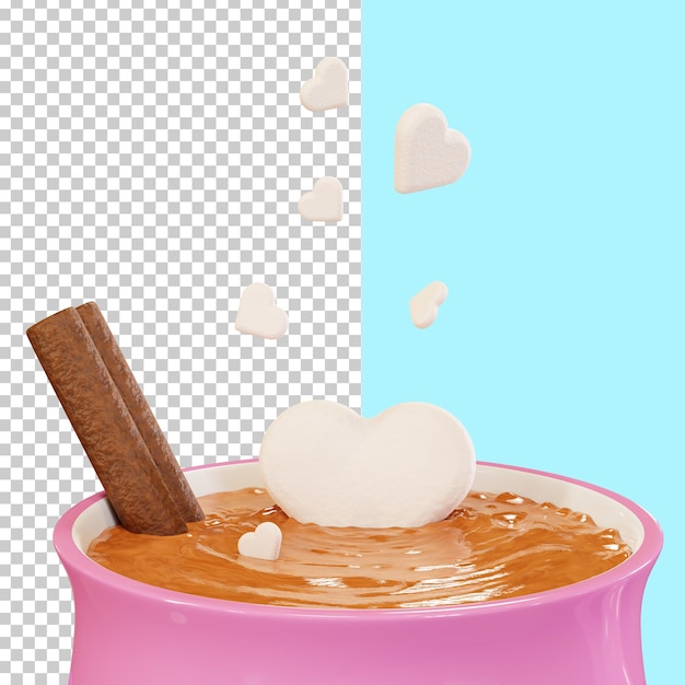 Tasse heiße Schokolade mit Marshmallow-Herzen 3D-Rendering Cappuccino und Marshmallows, die hineinfallen