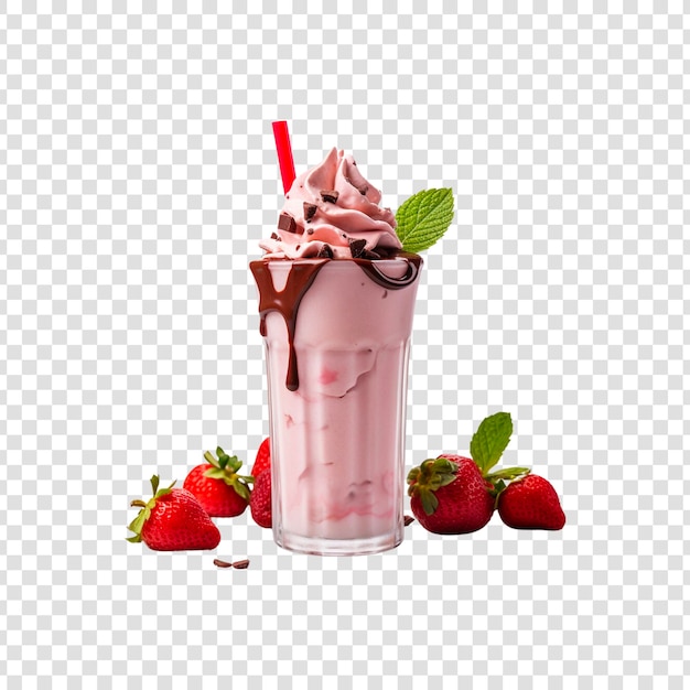 PSD une tasse de milk-shake avec des fraises et du chocolat sur un fond transparent