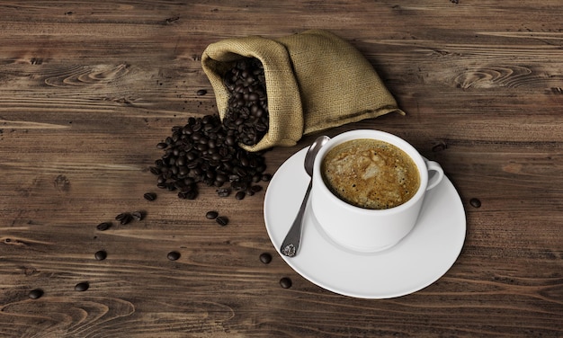 une tasse de soupe et un sac de haricots sur une table