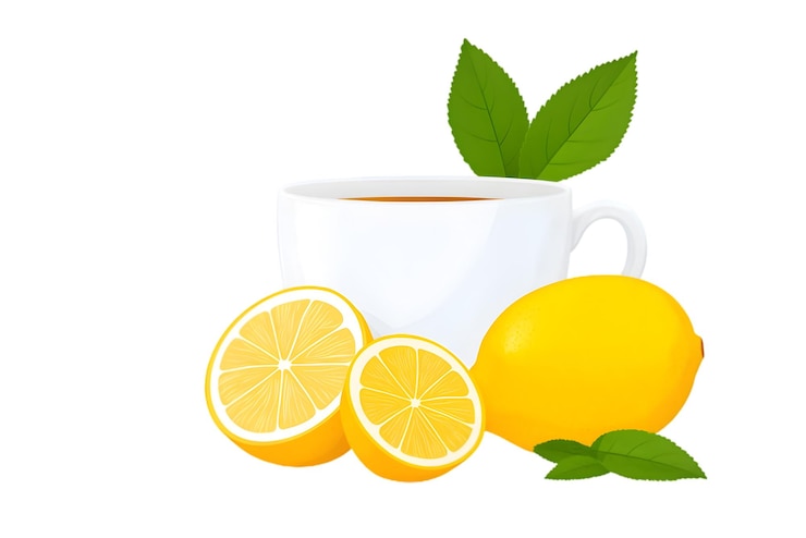 PSD tasse tee mit zitrone und grünen blättern erfrischendes heißes getränk illustration
