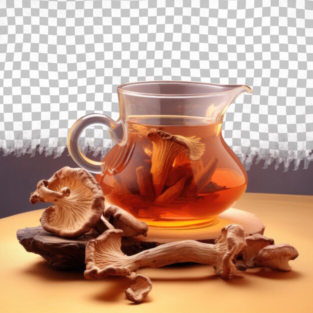 PSD une tasse de thé infusée de champignons servie dans des récipients en porcelaine
