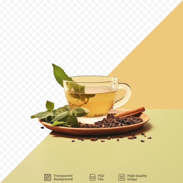 PSD une tasse de thé et une tasse de thé avec des feuilles de thé sur un plateau.