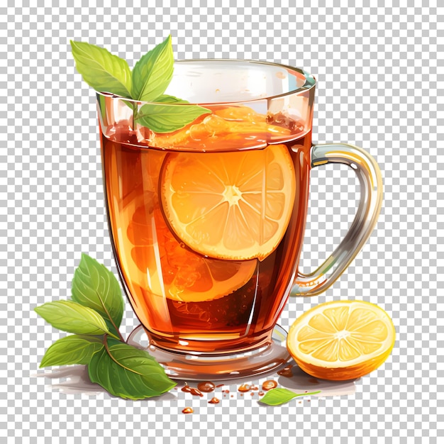 PSD tasse de thé vert avec du citron isolé sur un fond transparent