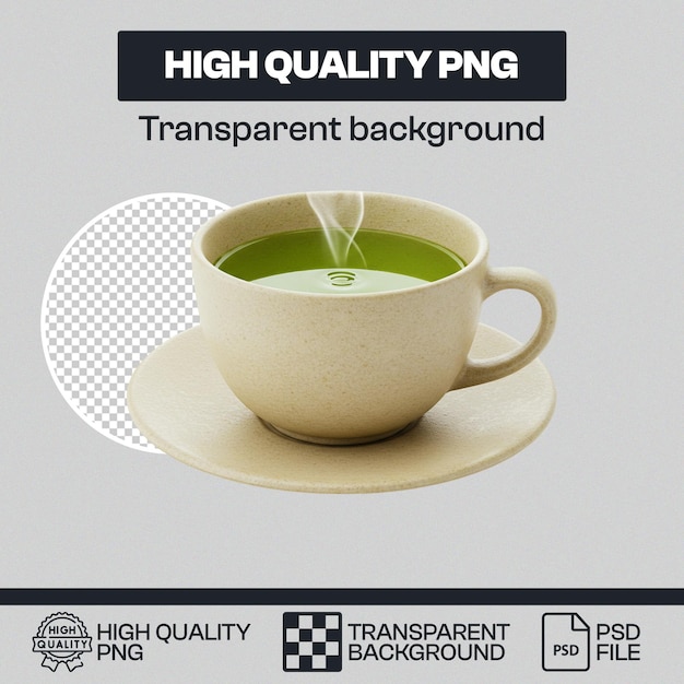 Une tasse de thé vert réaliste avec de la vapeur et un fond transparent