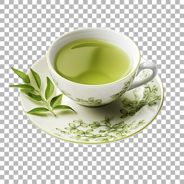 Une Tasse De Thé Vert Sur Une Soucoupe Avec Une Feuille De Thé Vert Dessus