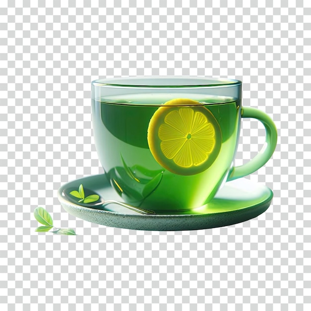 PSD une tasse de thé vert avec une tranche de citron sur un fond transparent