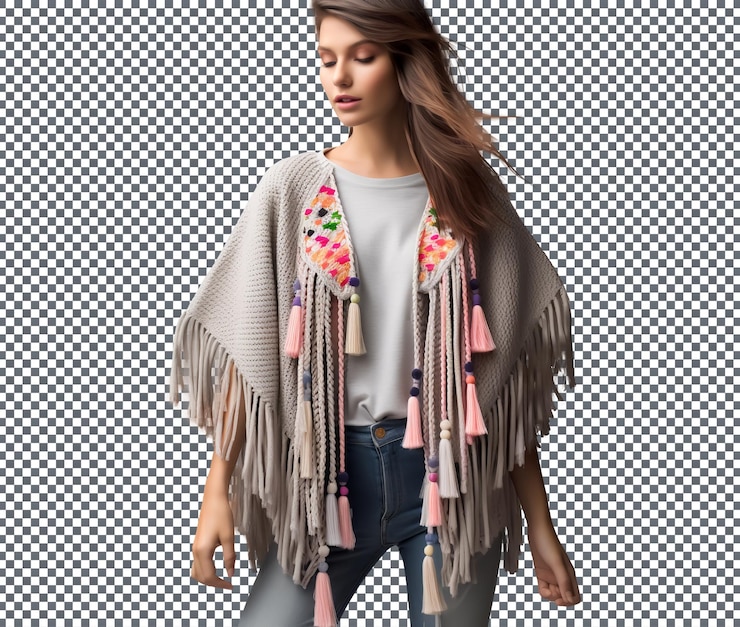 PSD tassel poncho cardigan aislado sobre un fondo transparente