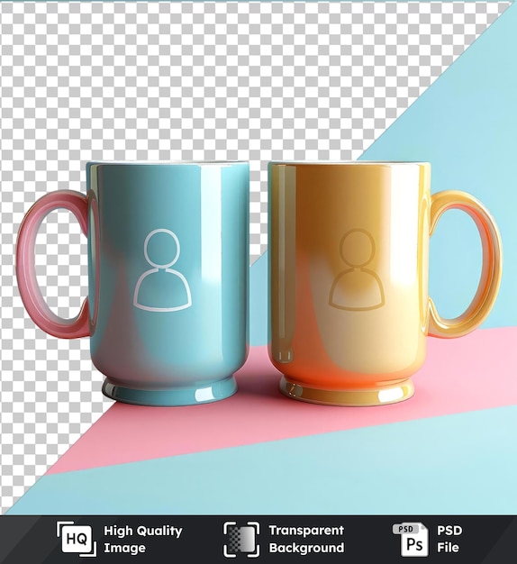 PSD des tasses de couleurs volantes avec des signes d'homme et de femme mockup de deux tasses sur une table rose et bleue mur bleu