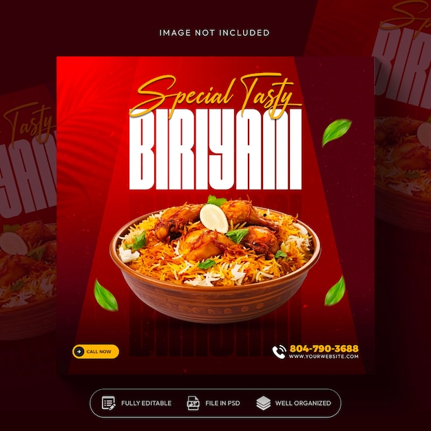 Tasty biriyani comida promoción en las redes sociales y diseño de plantillas de publicaciones de banners en instagram