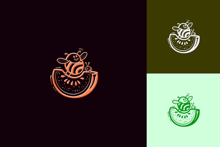 PSD tasty honeydew logo con corteza decorativa y una abeja juguetona d diseños vectoriales creativos y minimalistas