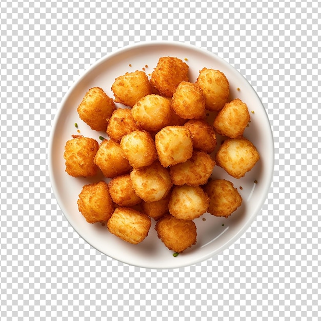 PSD tater-tots auf weißer platte, top-view, isoliert auf durchsichtigem hintergrund