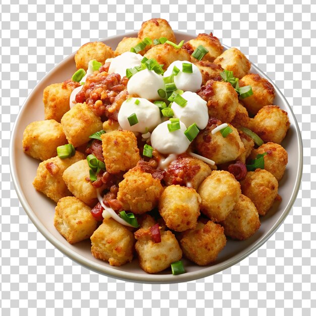 PSD tater tots avec du bacon au fromage isolé sur un fond transparent