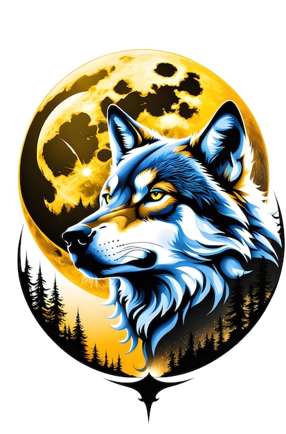 PSD tatouage réaliste de visage de loup avec des arbres et la lune