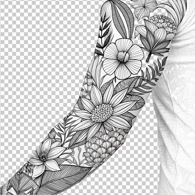 PSD tatuagem de flores da natureza preta e branca na manga do braço