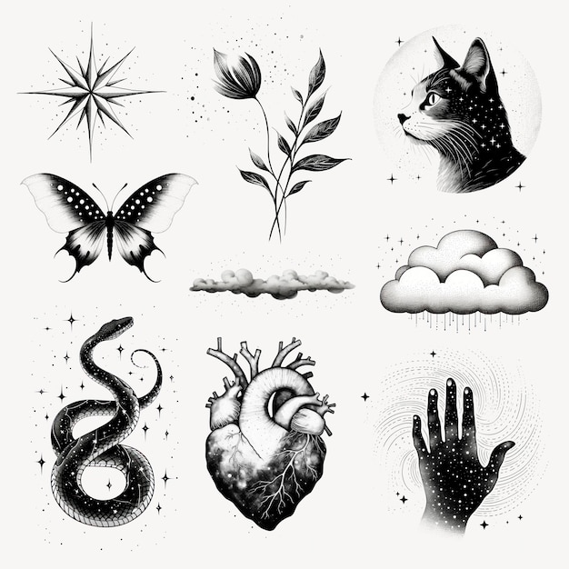 Tatuaje de dibujos celestiales conjunto de elementos de diseño psd