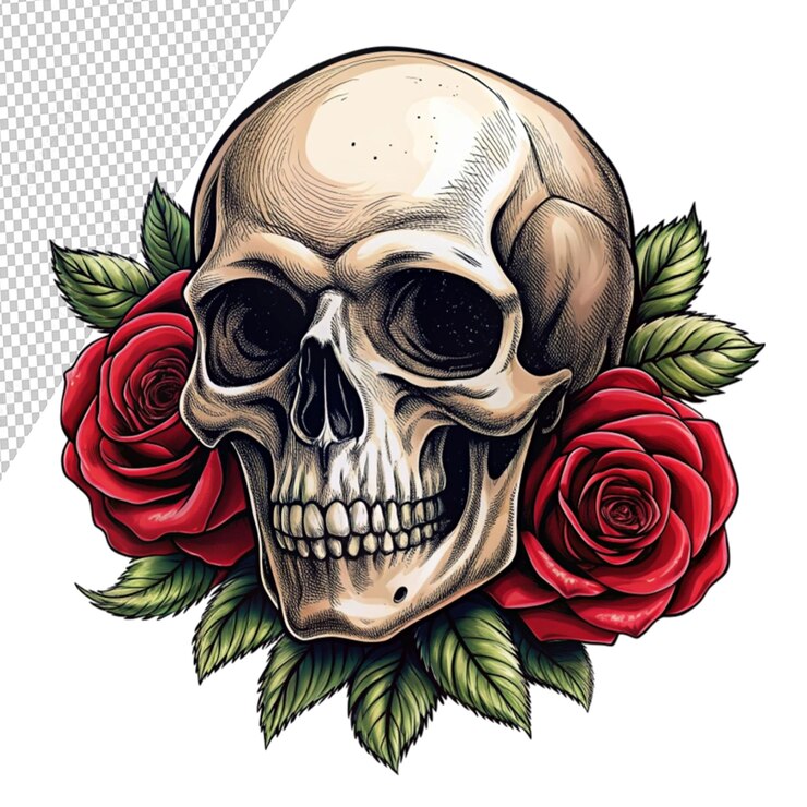 PSD tatuaje y diseño de camiseta cráneo y rosa dibujo de mano aislado en fondo transparente