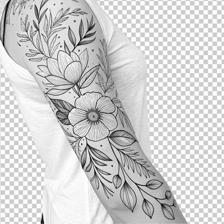 PSD tatuajes de flores de la naturaleza en blanco y negro en la manga del brazo