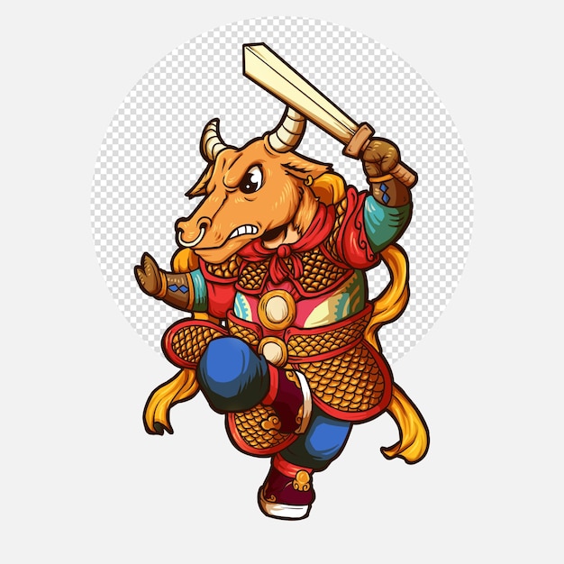 PSD taureau en colère célébrant le nouvel an chinois de l'illustration du personnage du zodiaque boeuf