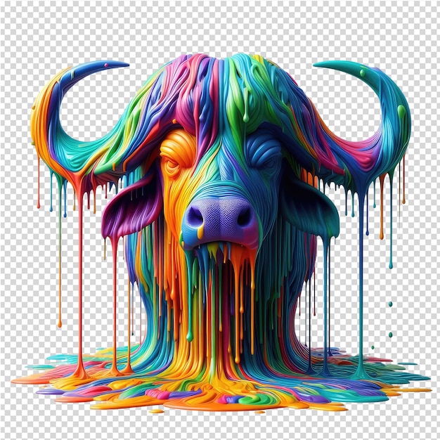 PSD un taureau avec un visage coloré est couvert de liquide coloré