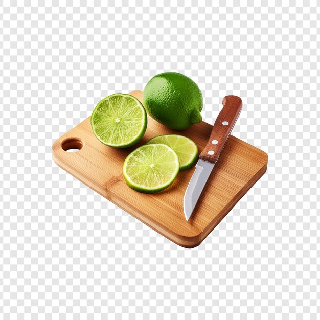 Tavola da tagliare e coltello con fette di frutta di lime isolate su uno sfondo trasparente