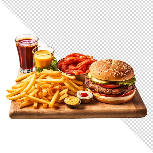 Tavola di fast food con hamburger patatine fritte e Coca-Cola isolati su uno sfondo trasparente