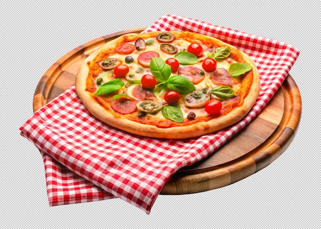 Tavola di legno di pizza tagliata gustosa su tavolo di pietra isolato su uno sfondo trasparente