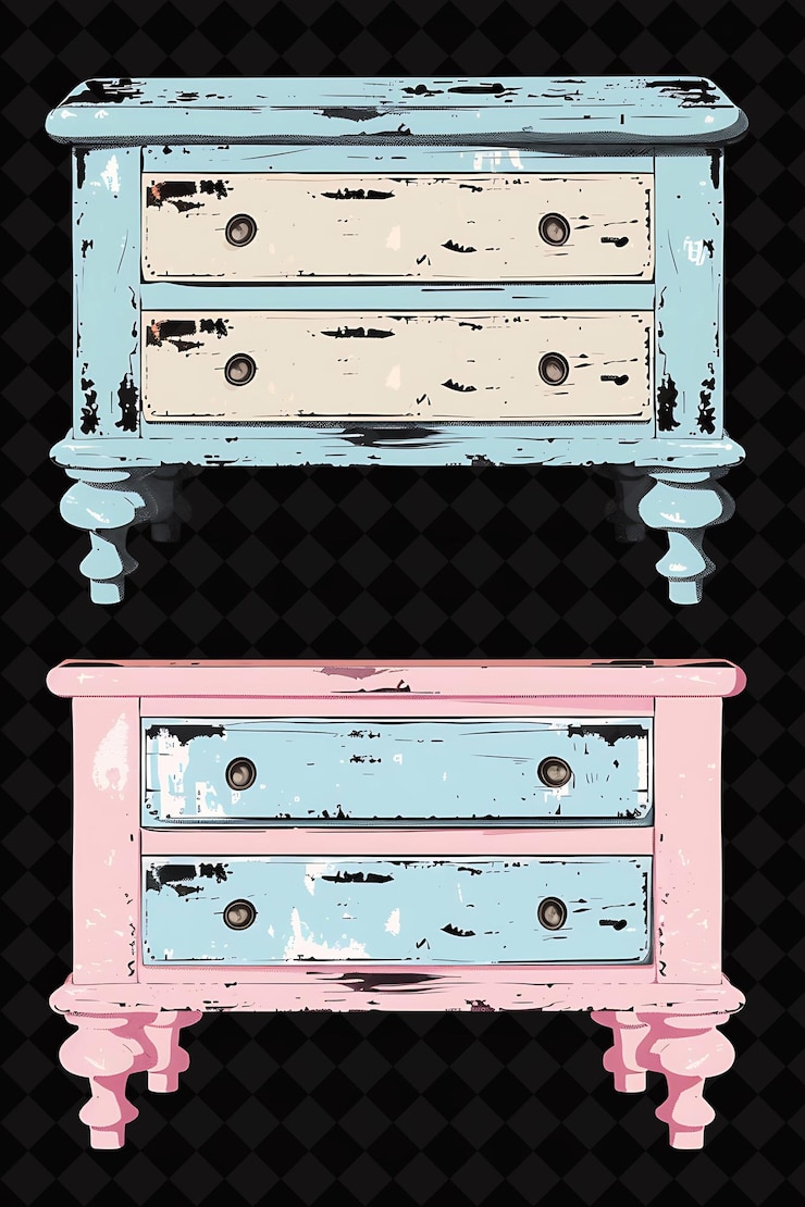 PSD tavoli da letto shabby chic 8 bit pixel con vernice distrutta png unique y2k design collection