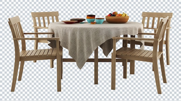 Tavolo da pranzo all'aperto in legno con tovaglia e pasto. Arredamento