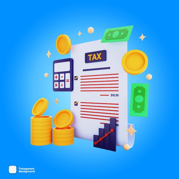 Taxe d'icône 3D avec de l'argent et une calculatrice isolés sur le fond transparent