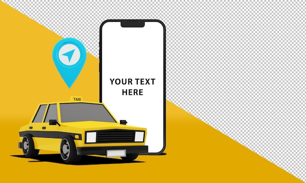 PSD taxi-online-service auf mobile anwendung 3d-rendering-bild des gelben taxis mit smartphone