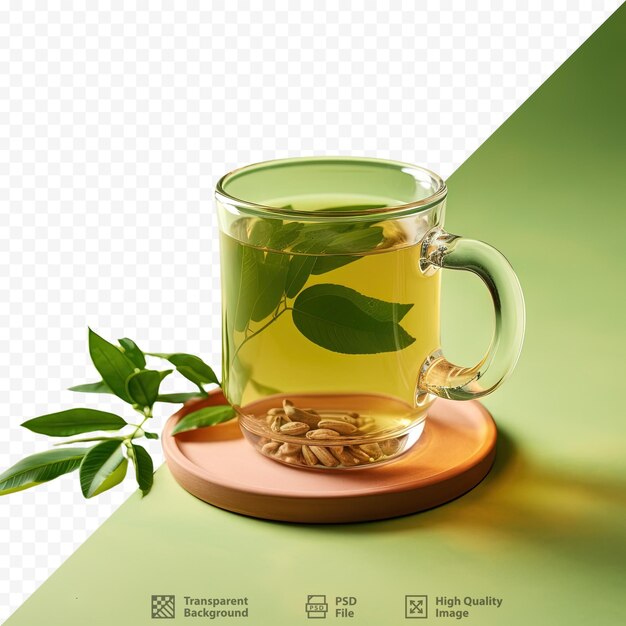 PSD taza aislada de té de moringa con hoja verde en un fondo transparente