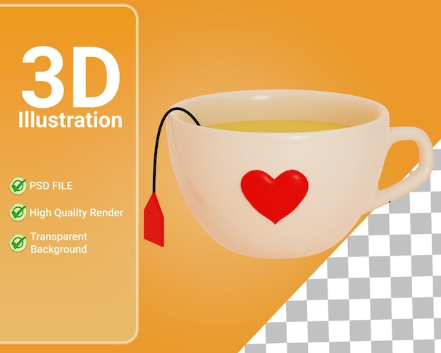 PSD taza de amor 3d aislada, representación 3d del elemento de san valentín