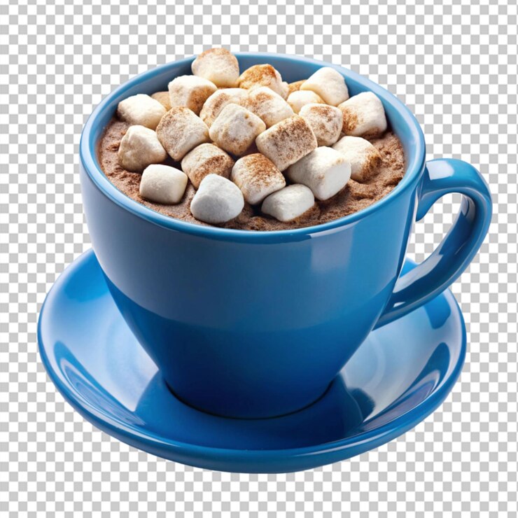 PSD una taza azul de chocolate caliente con malvaviscos en un fondo transparente