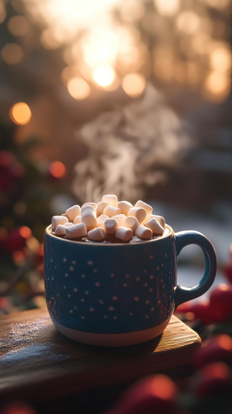 PSD una taza azul llena de chocolate caliente cubierta de malvaviscos y vapor sentada en una tabla de madera con bayas rojas y luces bokeh en el fondo