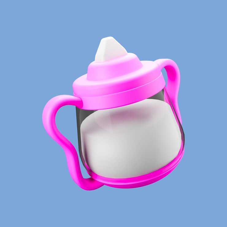 PSD una taza de bebé icono 3d con un color rosa y leche blanca
