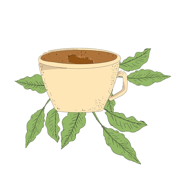 Taza beige con bebida de café negra con hojas de planta de café composición digital ilustración en color