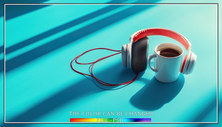 PSD una taza blanca de café con auriculares en una superficie azul