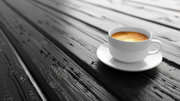 PSD una taza blanca de café con un platillo se sienta en una mesa de madera negra con una luz cálida entrando desde la izquierda