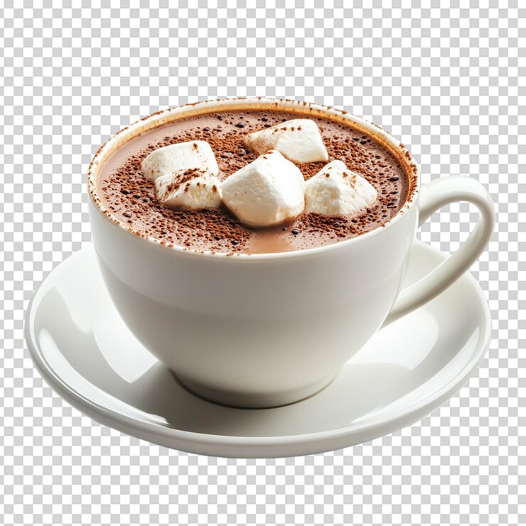 PSD una taza blanca cubierta de chocolate caliente y una generosa salpicadura de polvo de cacao aislado sobre un fondo blanco