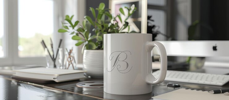 PSD taza blanca con una letra de caligrafía b en un escritorio
